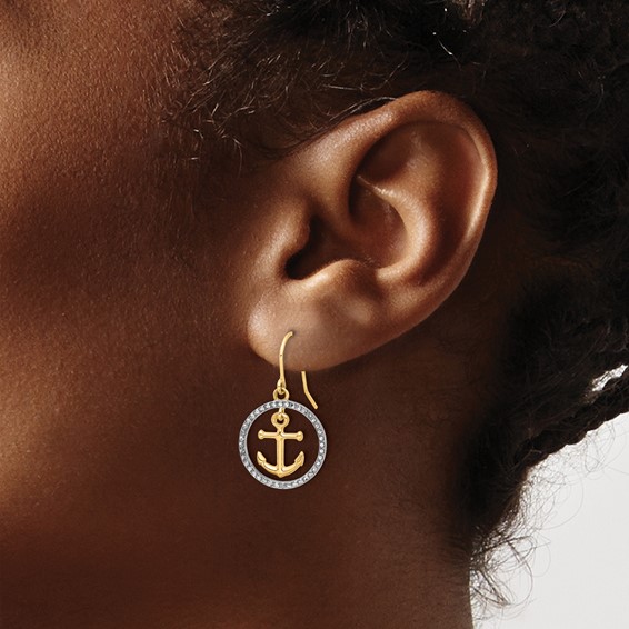 14k and White Rhodium Diamond-cut Anchor Dangle in Circle French Hook Earrings