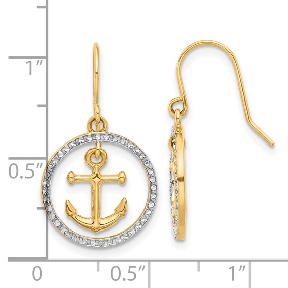 14k and White Rhodium Diamond-cut Anchor Dangle in Circle French Hook Earrings