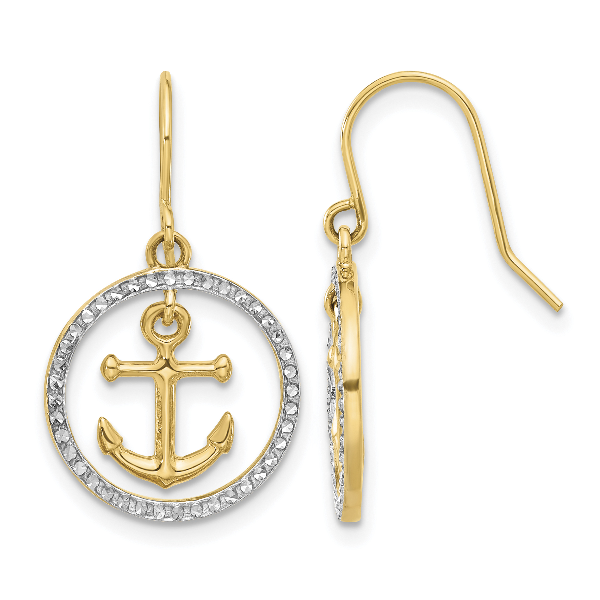 14k and White Rhodium D/C Anchor Dangle in Circle Dangle Earrings (TF2372)