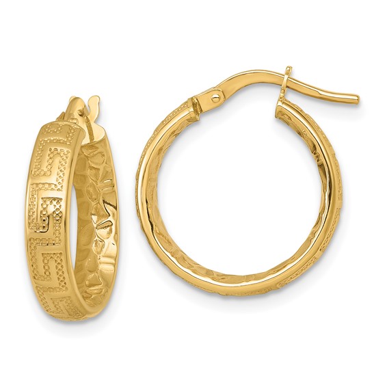 4mm Gold Texture Greek Key Hoop Earrings