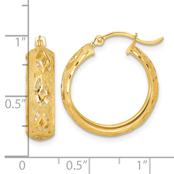 14k Polished Laser and Diamond-cut 6.15x21mm Fancy Design Round Hoop Earrings