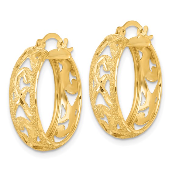 14k Polished Laser and Diamond-cut 6.15x21mm Fancy Design Round Hoop Earrings