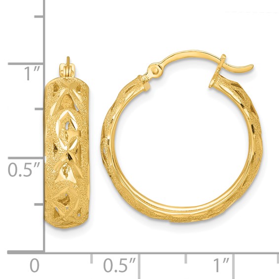 14k Polished Laser and Diamond-cut 6.15x21mm Fancy Design Round Hoop Earrings
