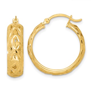14k Polished Laser and Diamond-cut 6.15x21mm Fancy Design Round Hoop Earrings