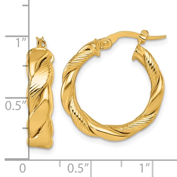 14K Polished and Textured Twisted 5.00mm x 20mm Round Tube Hoop Earrings