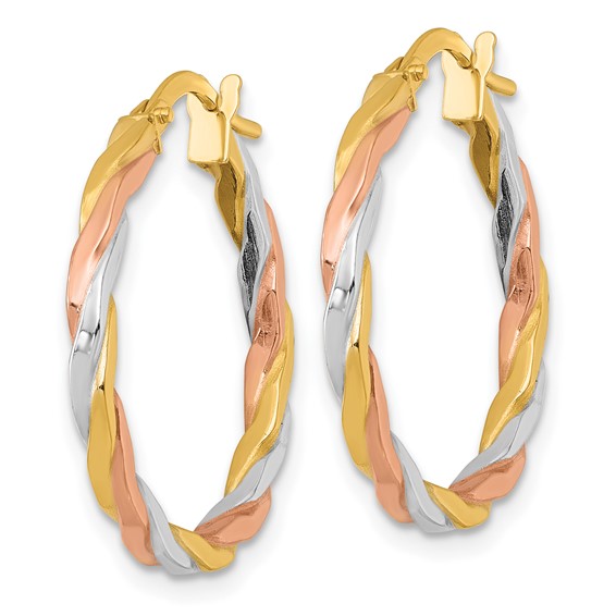 1.75mm Gold Tri-color Twisted Square Tube Hoop Earrings