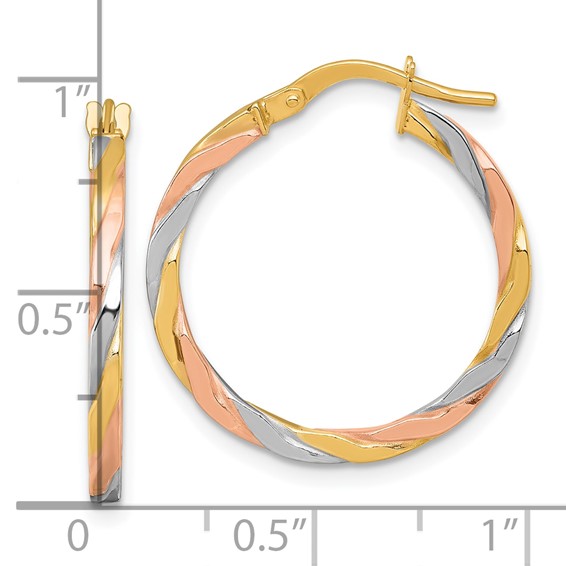 1.75mm Gold Tri-color Twisted Square Tube Hoop Earrings