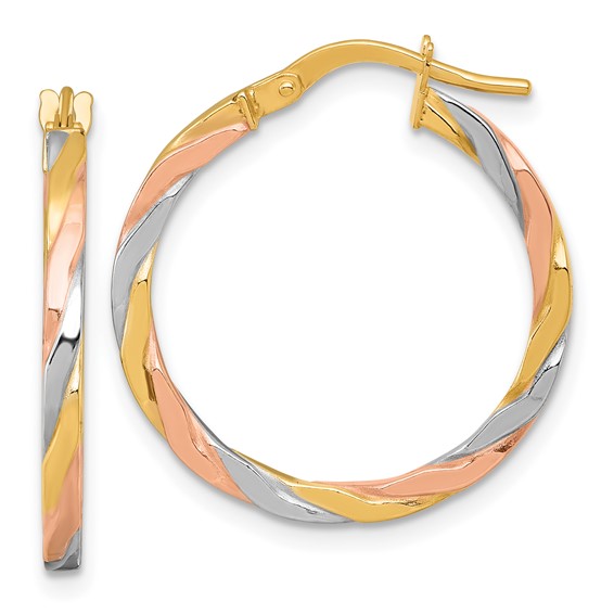 1.75mm Gold Tri-color Twisted Square Tube Hoop Earrings