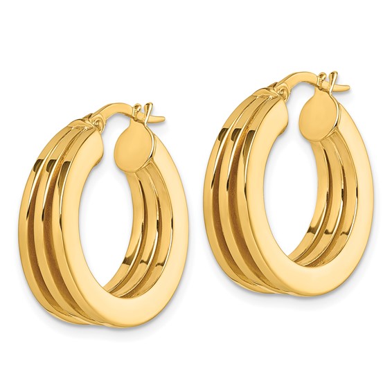 14K Polished Triple Row 6.6mm x 20mm Square Tube Round Hoop Earrings
