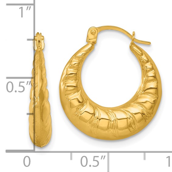 14k Polished and Textured Scalloped Hollow Hoop Earrings