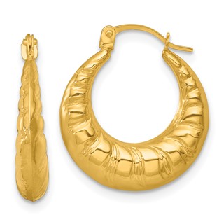 14k Polished and Textured Scalloped Hollow Hoop Earrings