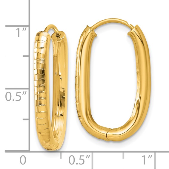 14k Polished 3.25mm Textured Oval Hinged Hoop Earrings