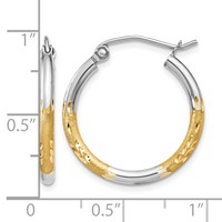 14K Earrings with White Rhodium 2mm Satin and Polished Diamond-cut Hoop view 4
