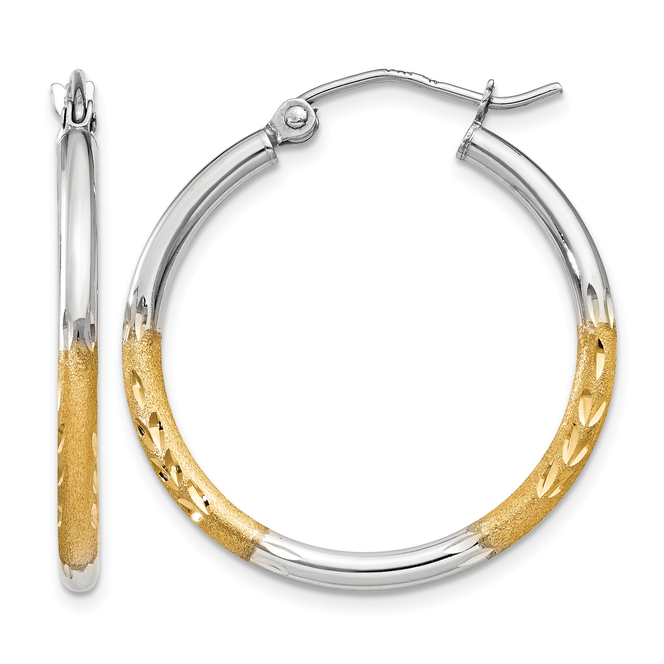 14k w/White Rhodium 2mm Satin and Polished Diamond-cut Hoop Earrings (TF316)