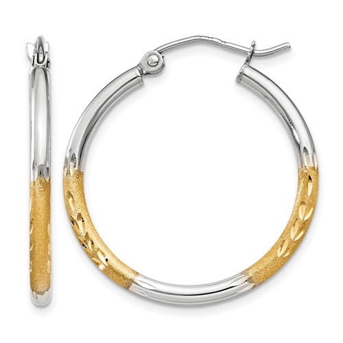 14K Earrings with White Rhodium 2mm Satin and Polished Diamond-cut Hoop