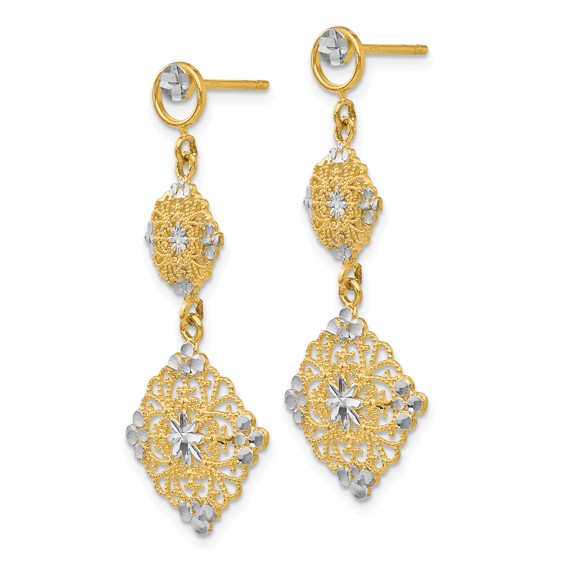 14k and White Rhodium Diamond-cut Filigree Dangle Post Earrings