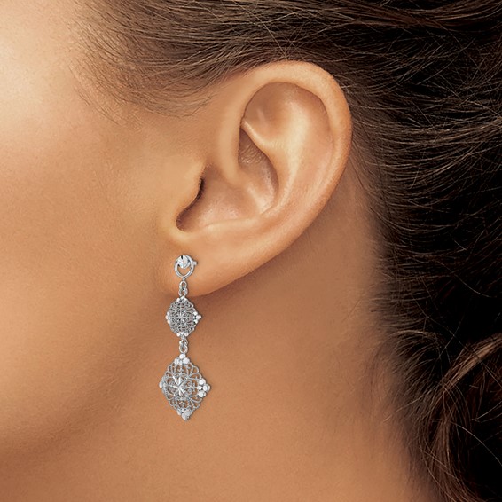 14K White Gold Diamond-cut Filigree Dangle Post Earrings