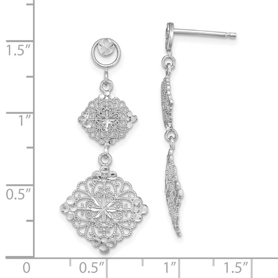 14K White Gold Diamond-cut Filigree Dangle Post Earrings