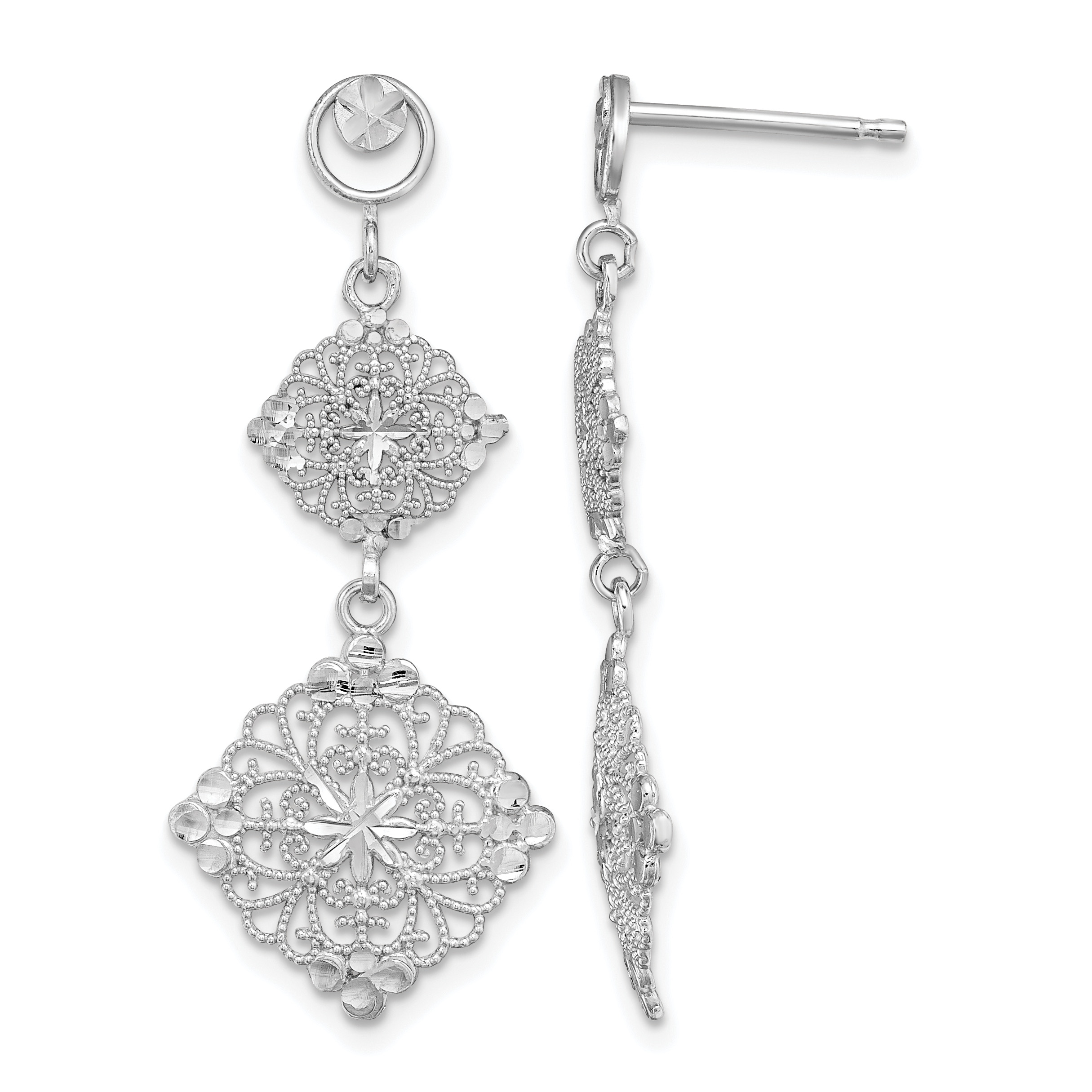 14K White Gold D/C Filigree Medallion Drop Earrings (TF392W)