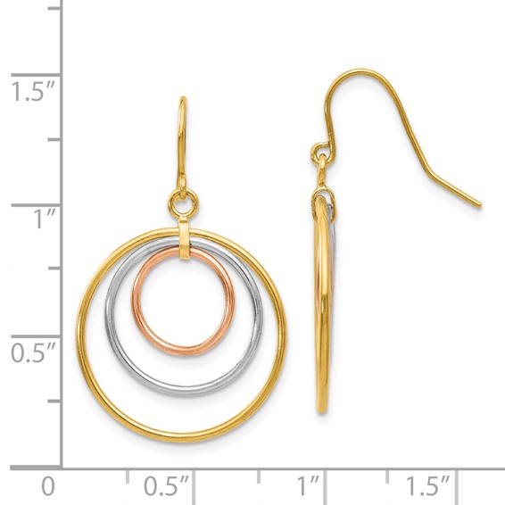 14k Tri-Color Graduated Circles Dangle French Hook Earrings