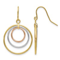14K Tri-Color Graduated Circles Dangle French Hook Earrings view 1