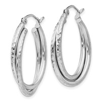 14K White Gold Diamond-cut Polished Oval Hoop Earring view 2