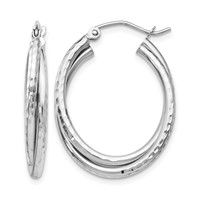 14K White Gold Diamond-cut Polished Oval Hoop Earring view 1