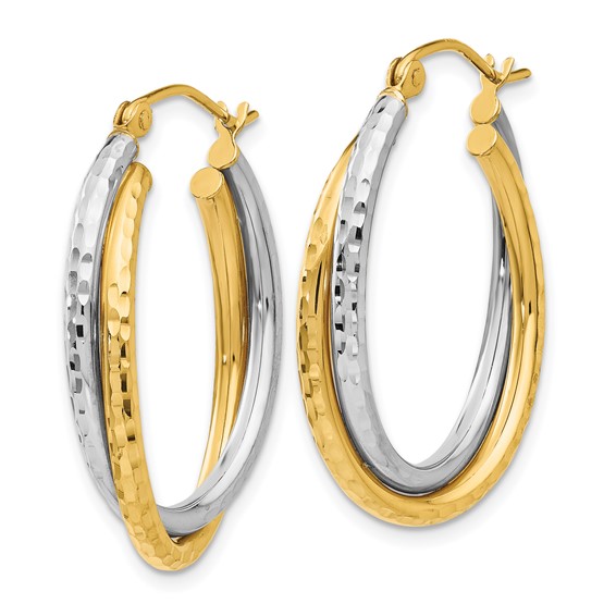 Gold Two-tone Diamond-cut Twisted Oval Hoop Earrings