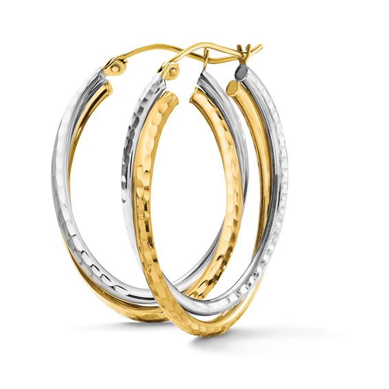 Gold Two-tone Diamond-cut Twisted Oval Hoop Earrings