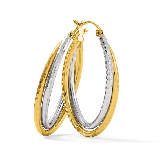 Gold Two-tone Diamond-cut Twisted Oval Hoop Earrings