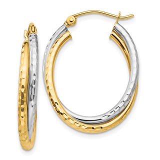 Gold Two-tone Diamond-cut Twisted Oval Hoop Earrings
