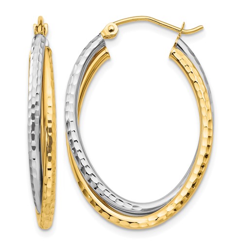 14K Two-tone Diamond-cut Polished Oval Hoop Earring