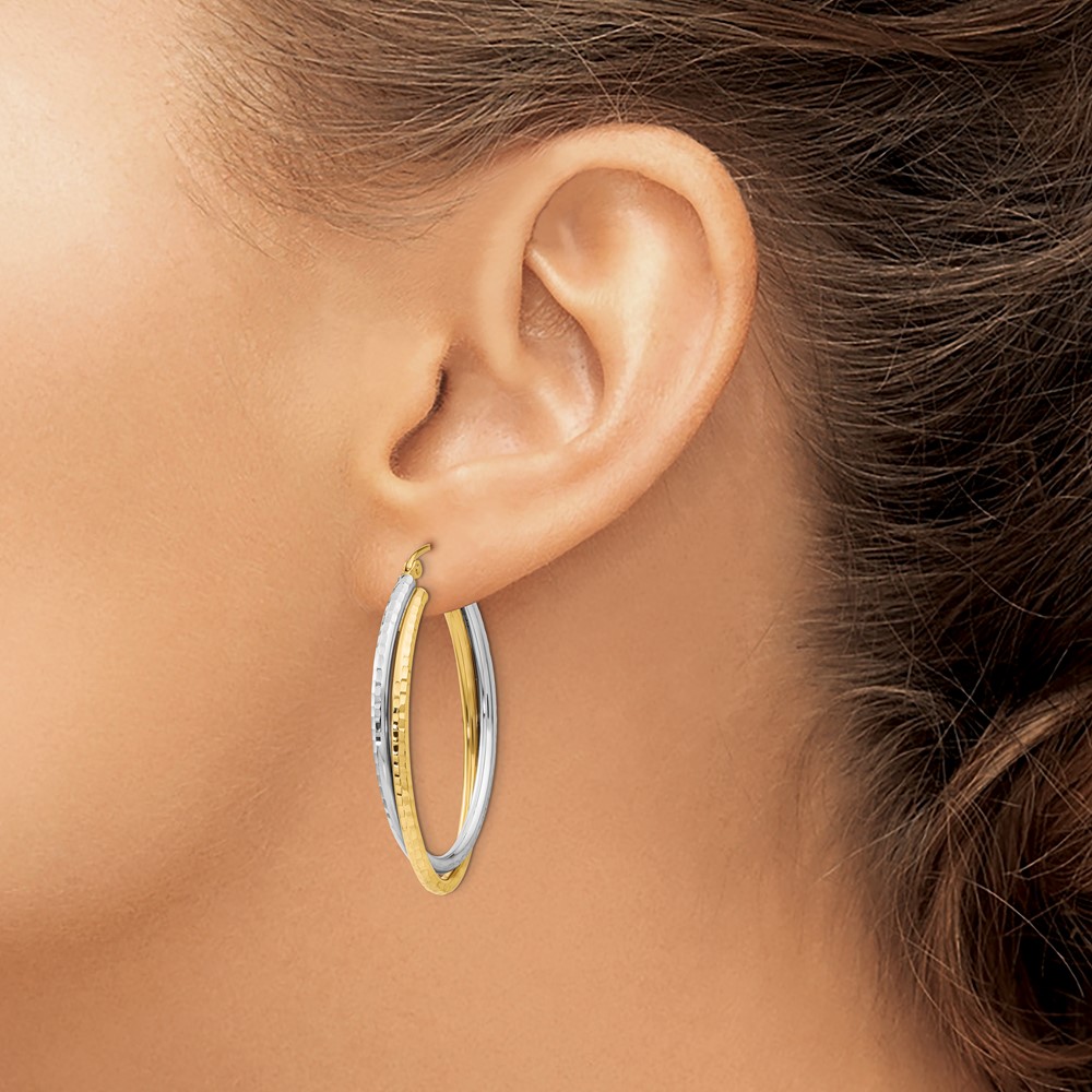 14k Two-tone Diamond-cut Polished Oval Hoop Earring (TF479)