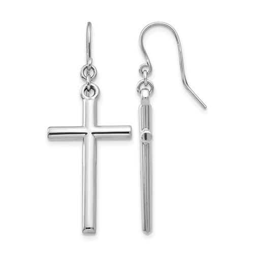14K White Gold Hollow Polished Cross Dangle French Hook Earrings