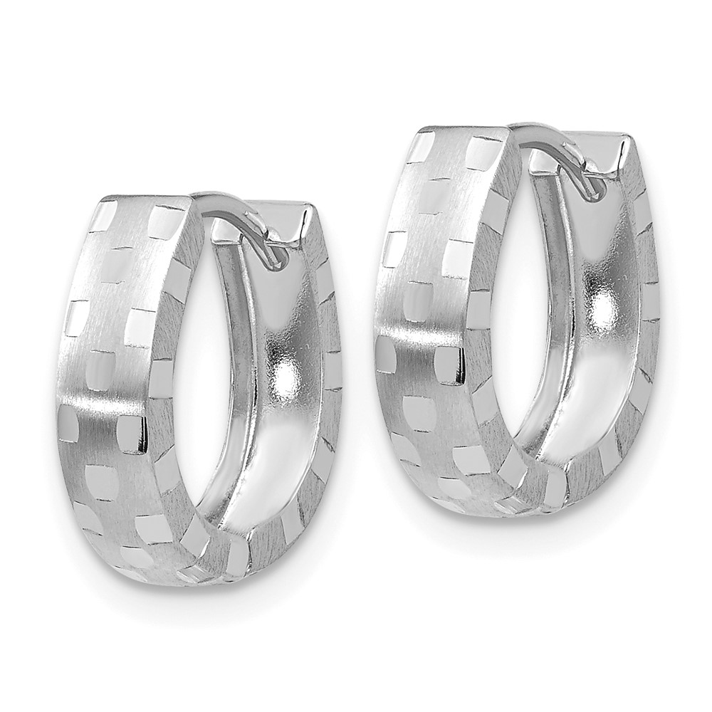 14K White Gold Diamond Cut 4mm Patterned Hinged Hoop Earrings (TF544)