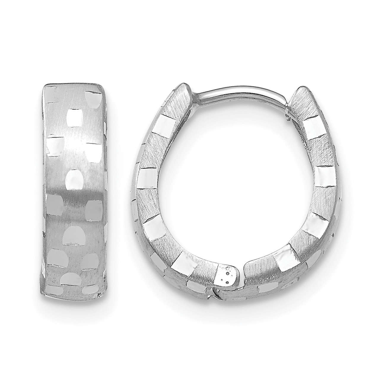14K White Gold Diamond Cut 4mm Patterned Hinged Hoop Earrings (TF544)