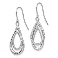 14K White Gold Polished and Textured Teardrop Dangle French Hook Earrings view 3