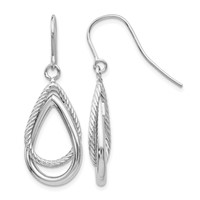 14K White Gold Polished and Textured Teardrop Dangle French Hook Earrings view 1