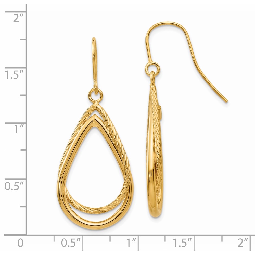 14K Polished and Textured Teardrop Shepherd Hook Earrings (TF548)