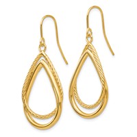14K Yellow Gold Polished and Textured Teardrop Dangle French Hook Earrings view 2