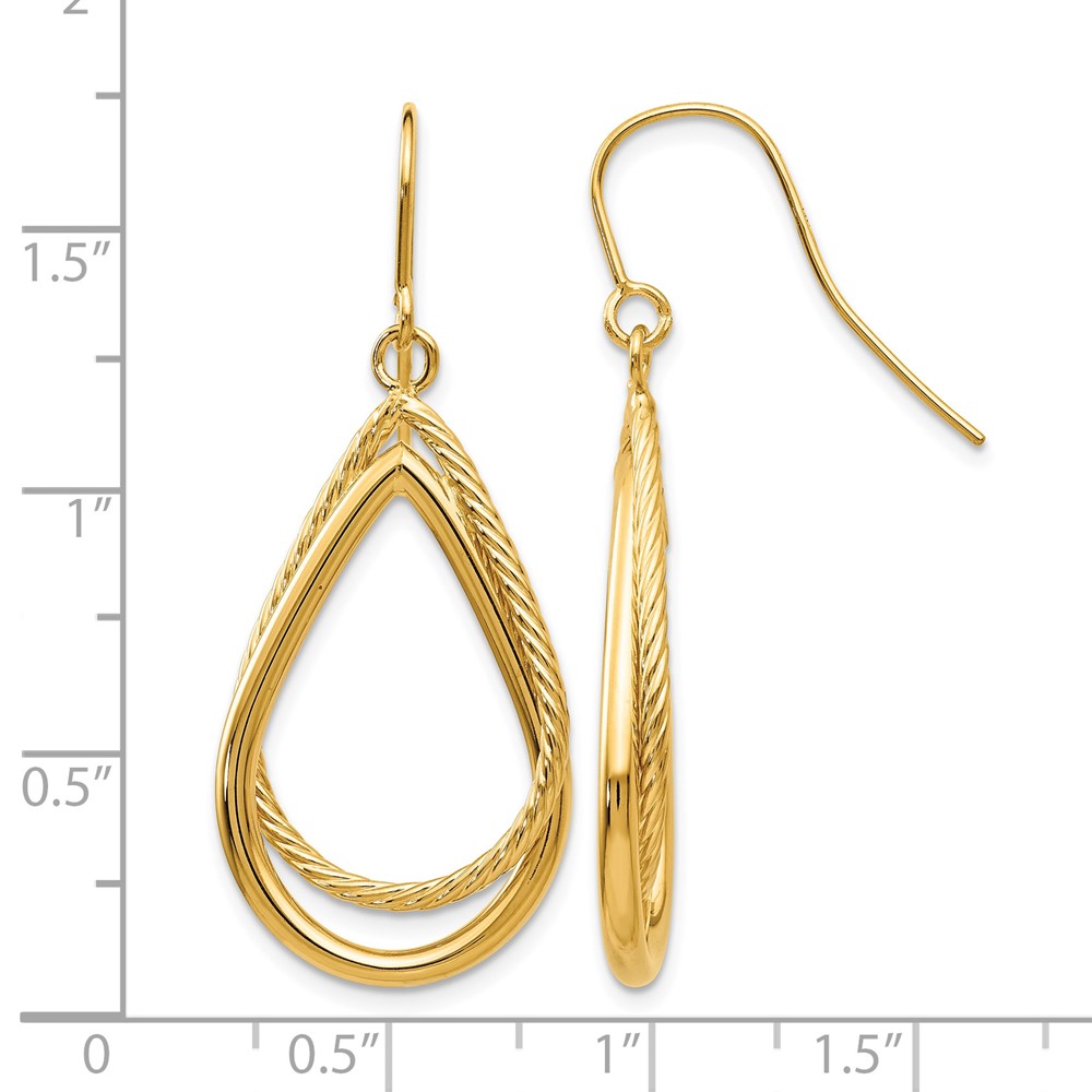 14K Polished and Textured Teardrop Shepherd Hook Earrings (TF548)