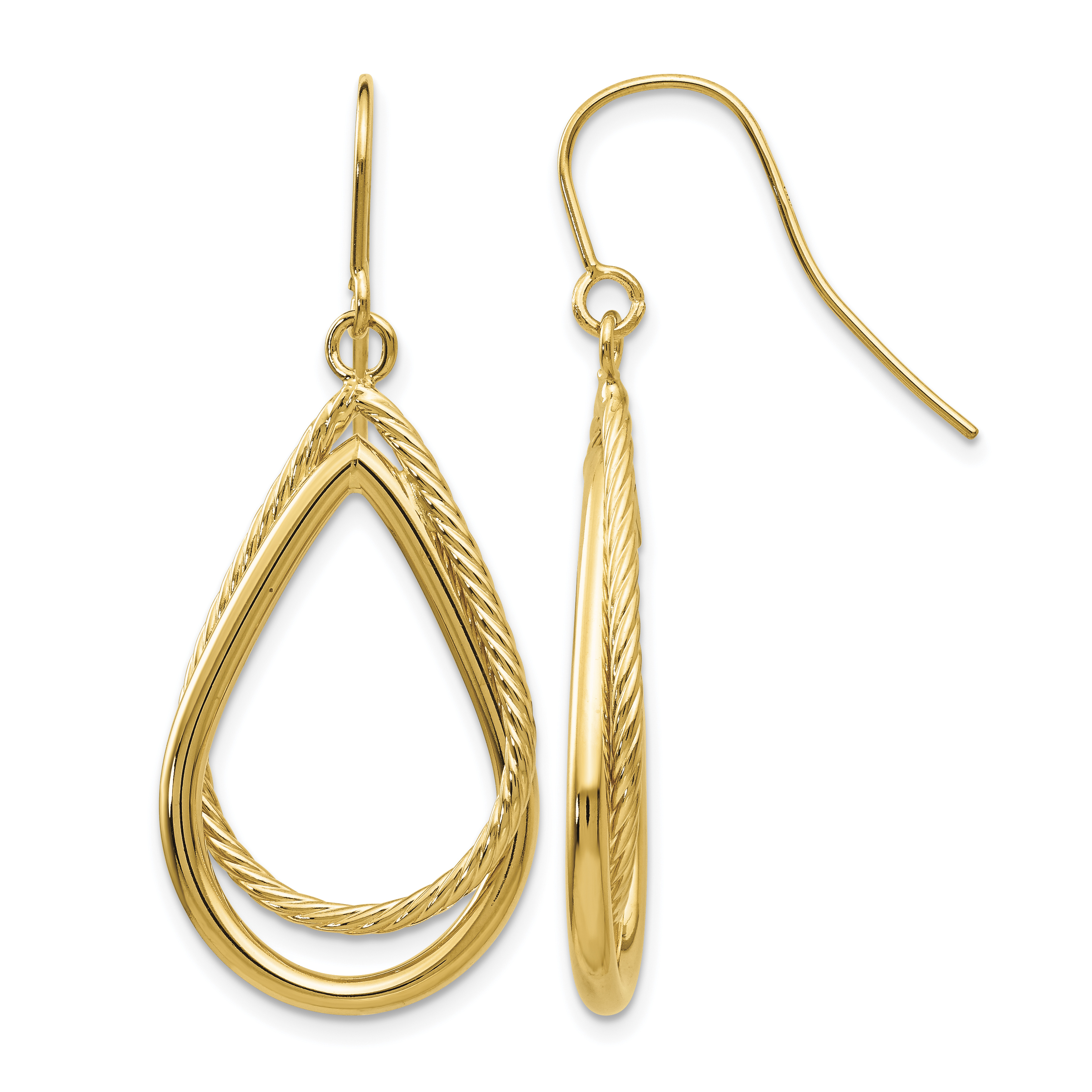 14K Polished and Textured Teardrop Shepherd Hook Earrings (TF548)