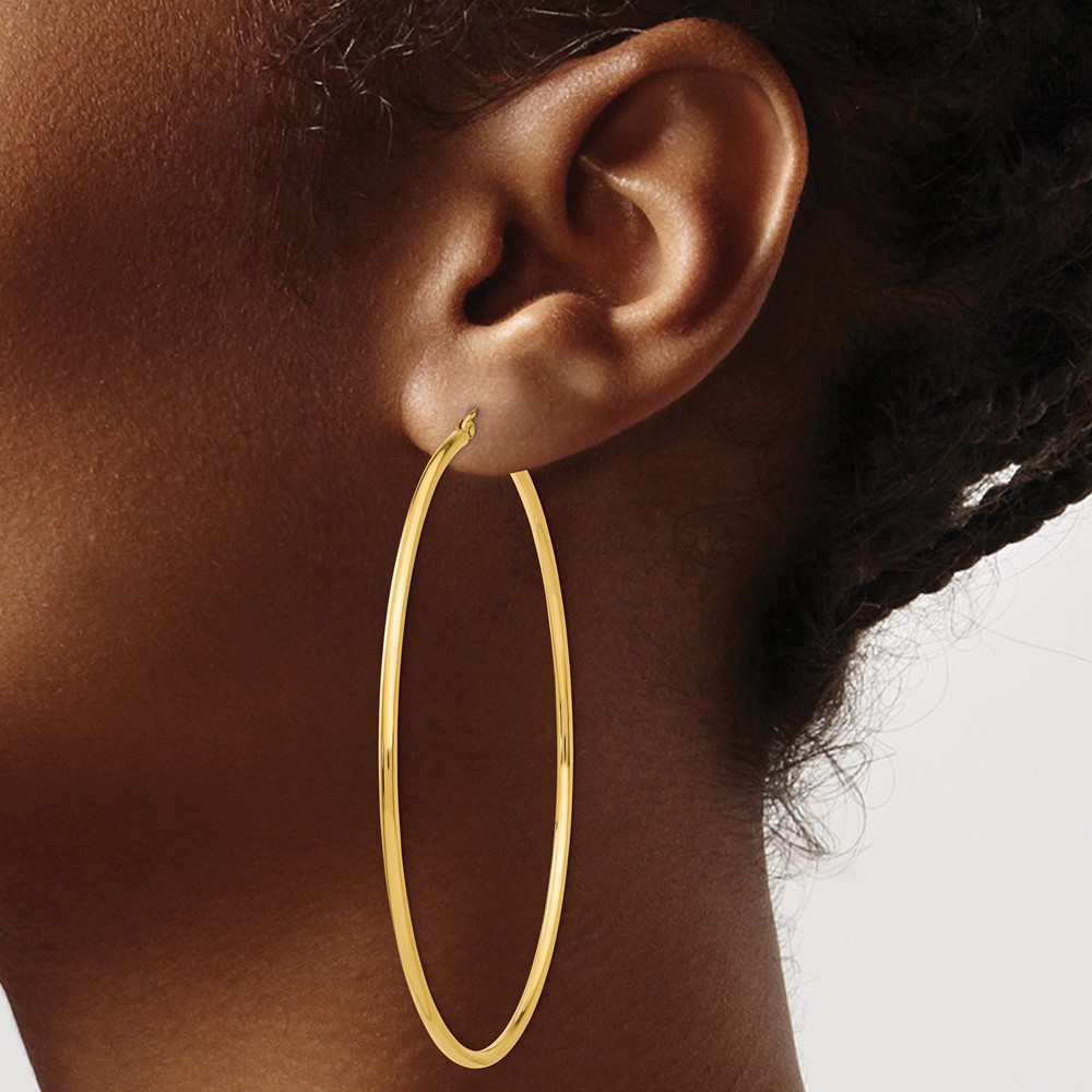14k Polished 2x70mm Round Tube Hoop Earrings (TF549)