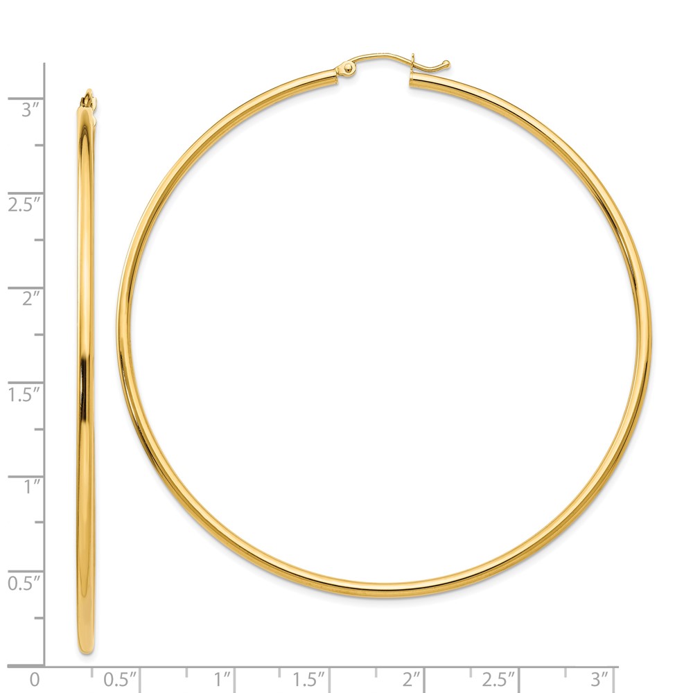 14k Polished 2x70mm Round Tube Hoop Earrings (TF549)