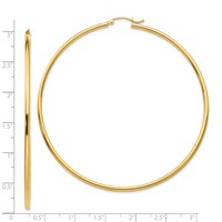 14K Yellow Gold 2x 70mm Polished Round Tube Hoop Earrings view 4