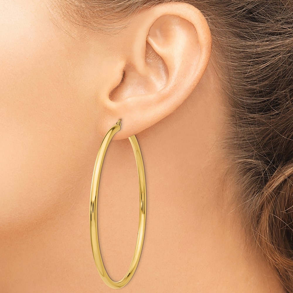 14k Polished 3x70mm Round Tube Hoop Earrings (TF552)