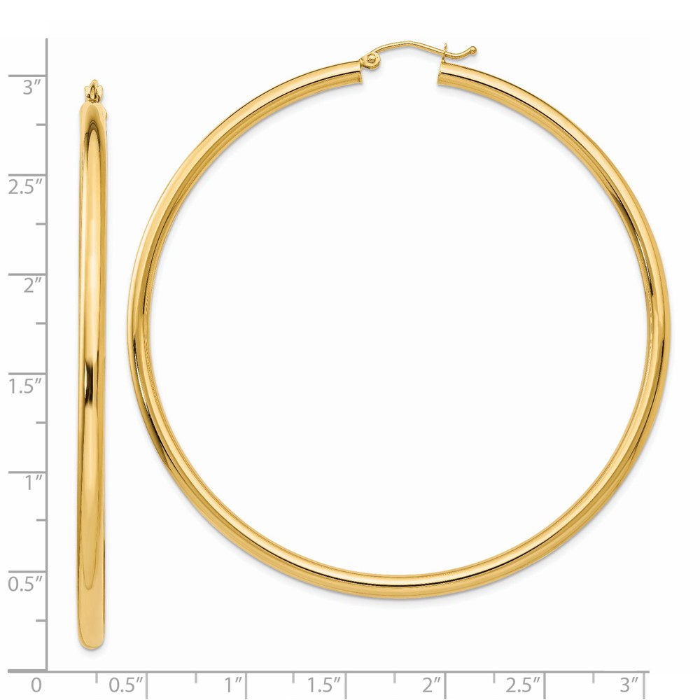 14k Polished 3x70mm Round Tube Hoop Earrings (TF552)