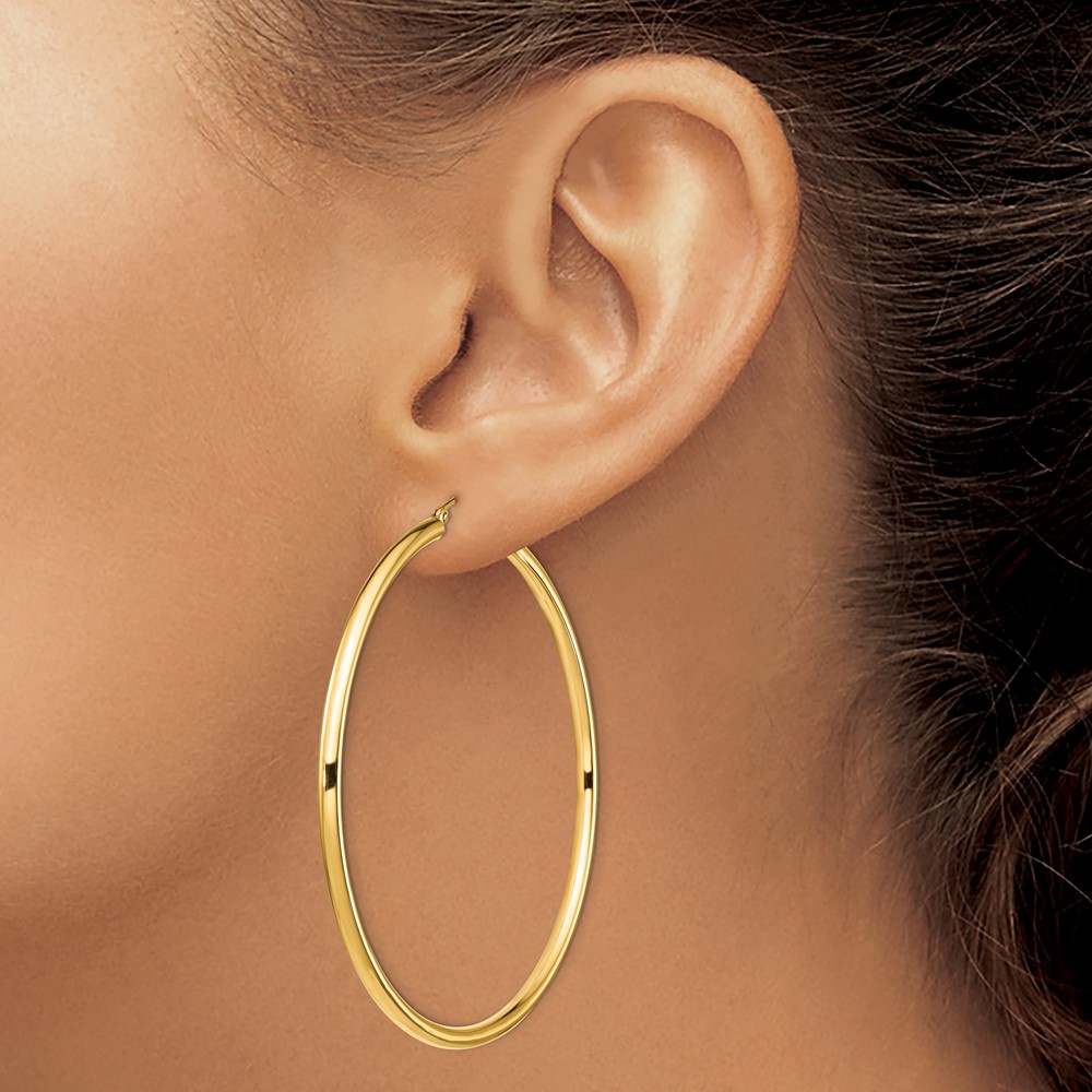 14k Polished 3x70mm Lightweight Round Tube Hoop Earrings (TF552L)