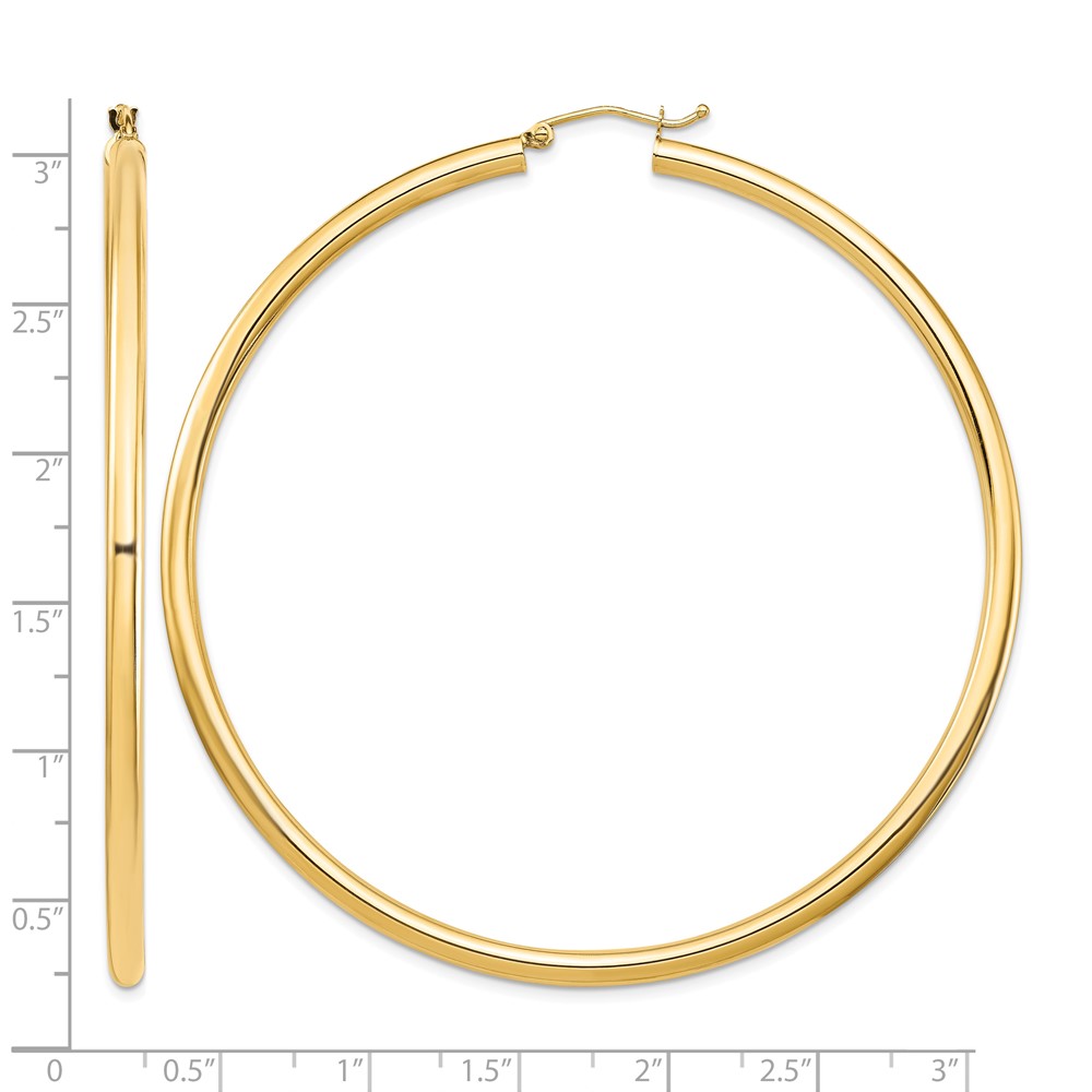 14k Polished 3x70mm Lightweight Round Tube Hoop Earrings (TF552L)