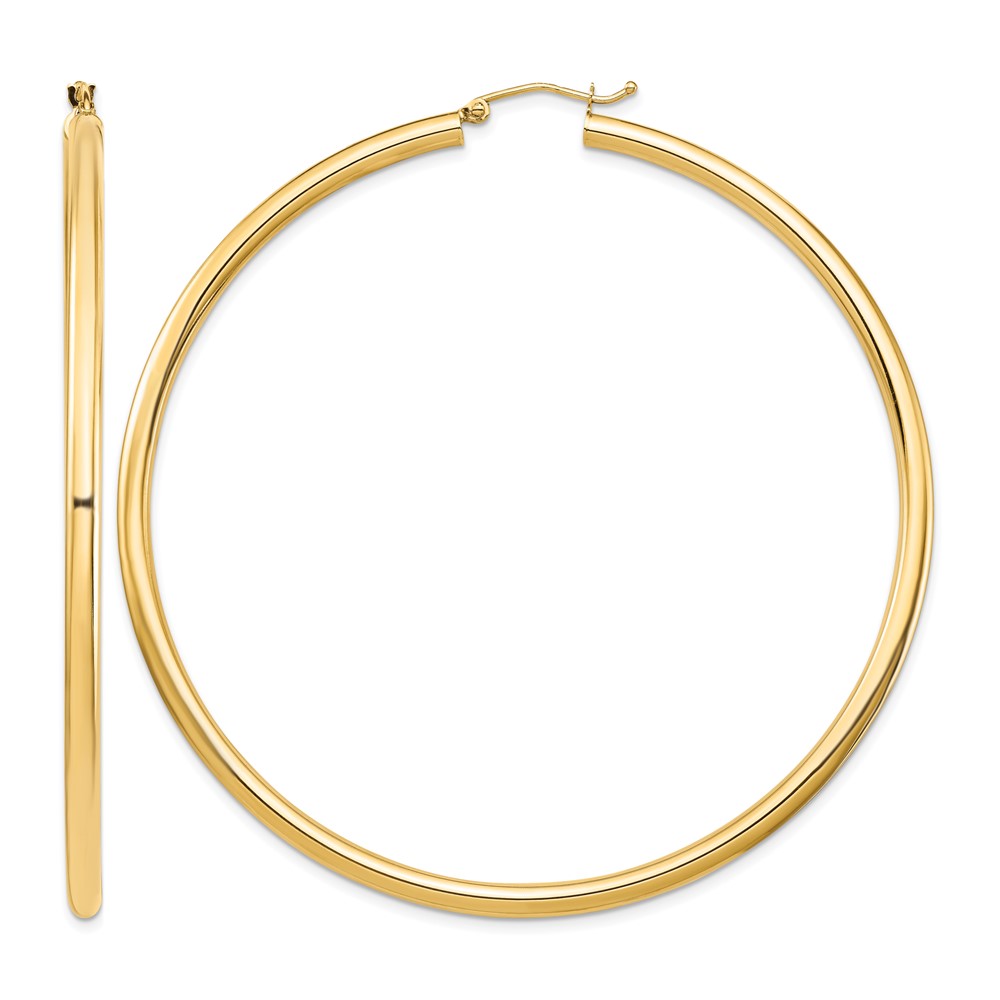 14k Polished 3x70mm Lightweight Round Tube Hoop Earrings (TF552L)